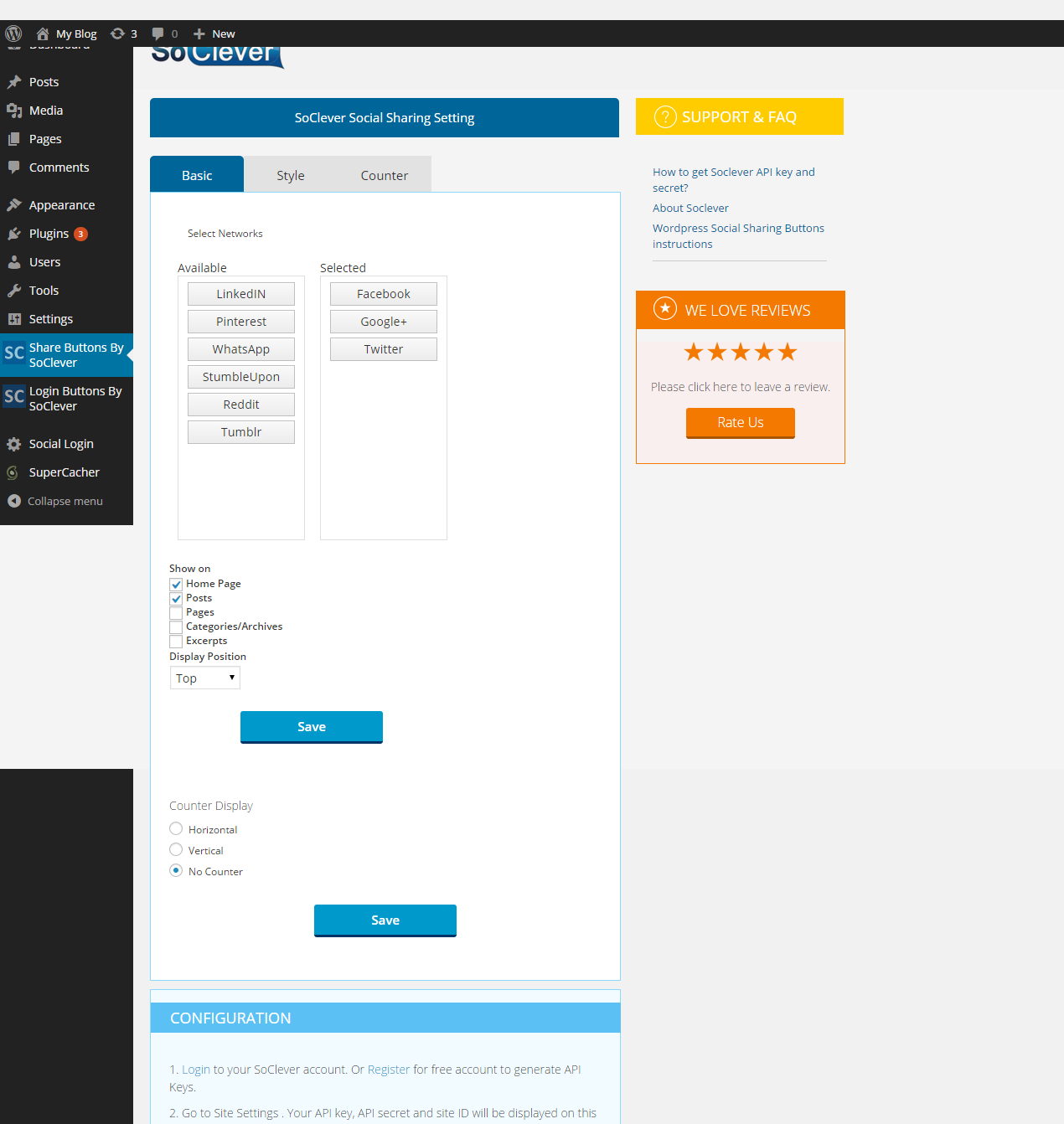 Plugin Settings - Choose Social Network , sort order and choose Share bar display position.