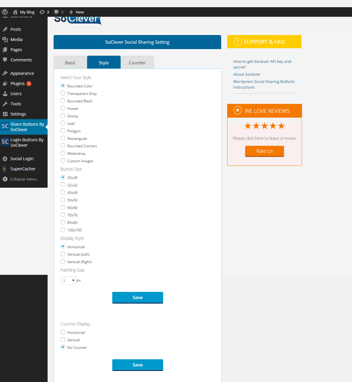 Style Settings - Choose Share Bar Style, Button Size, Padding Gap and Display Style.