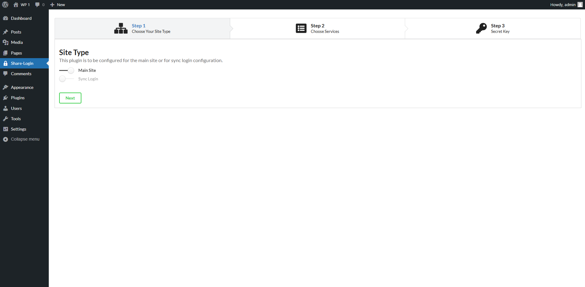 Main site configuration step 1