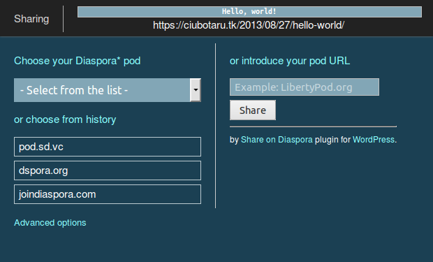 The "Share on D*" button under the default "Hello World"