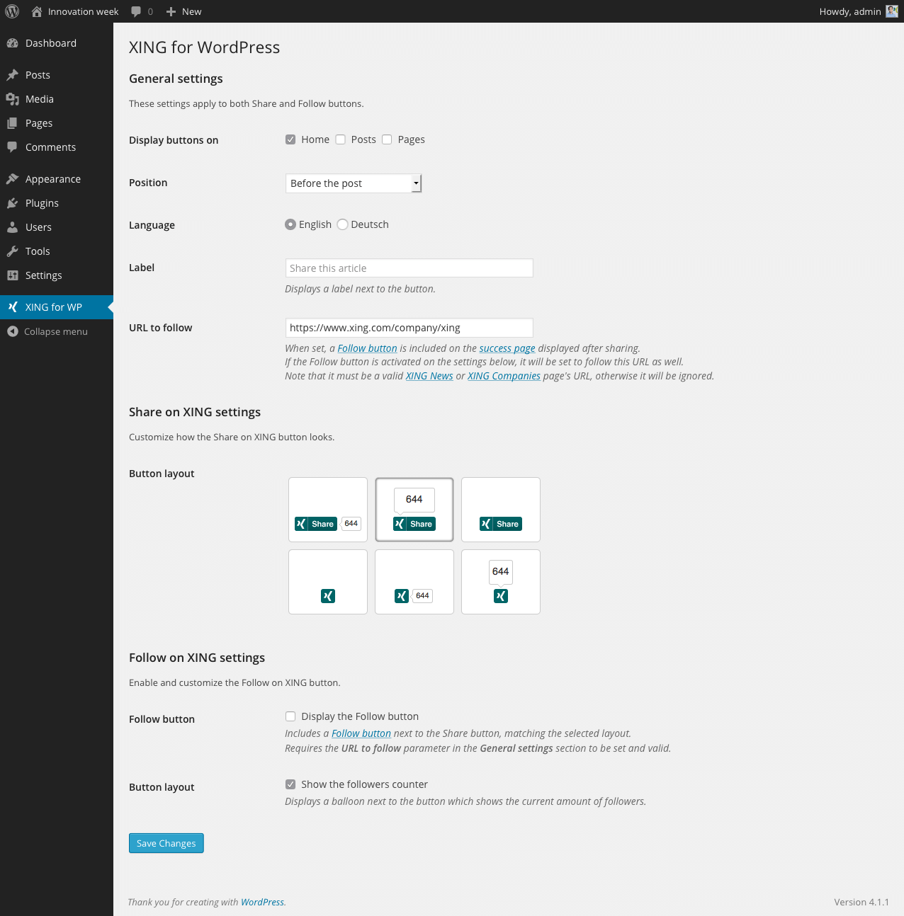 Settings page