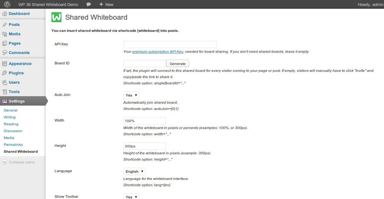 **Settings page**