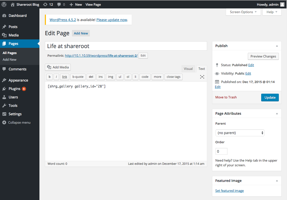 Adding the shortcode to a page