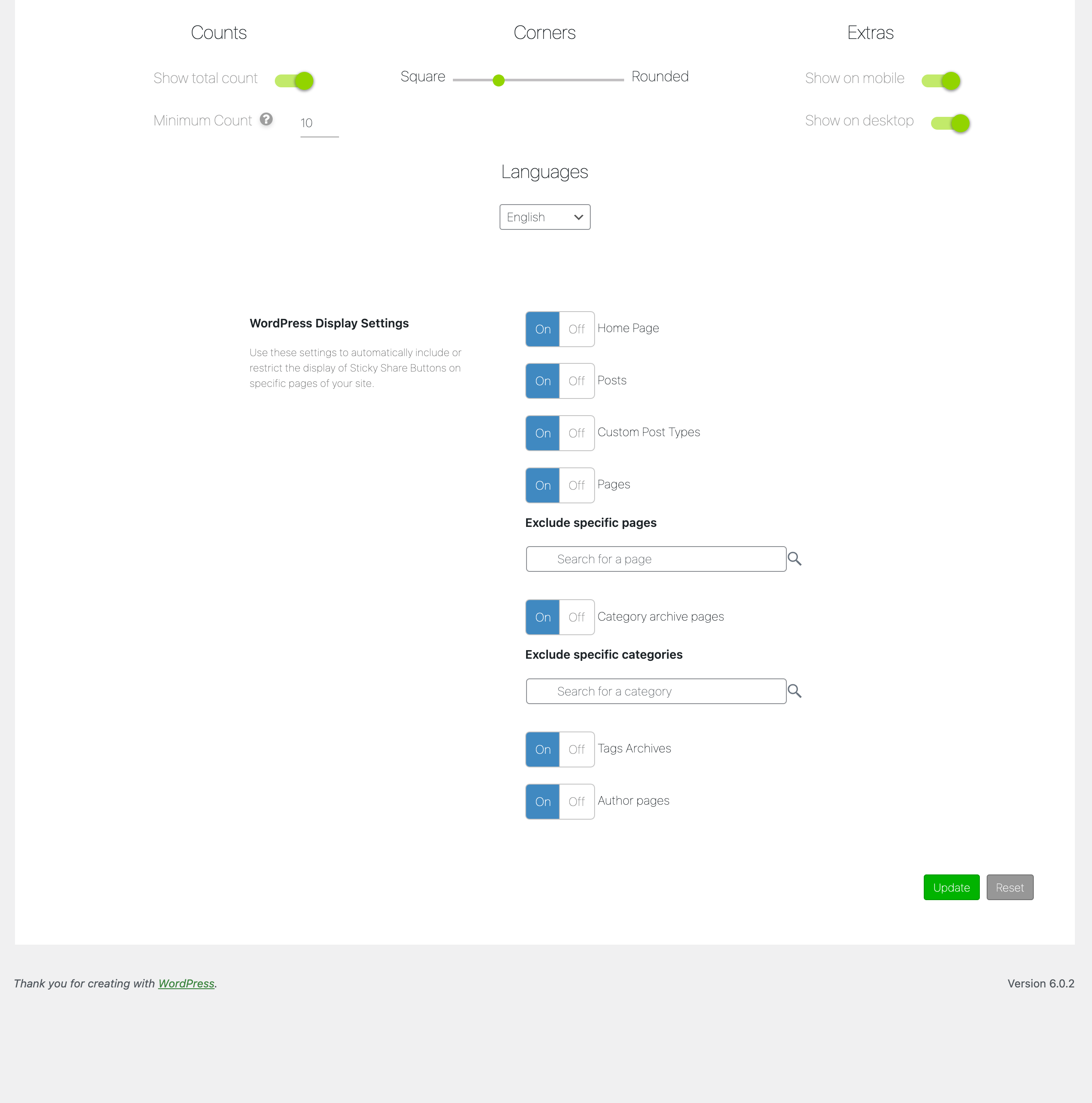 Sticky share button settings.