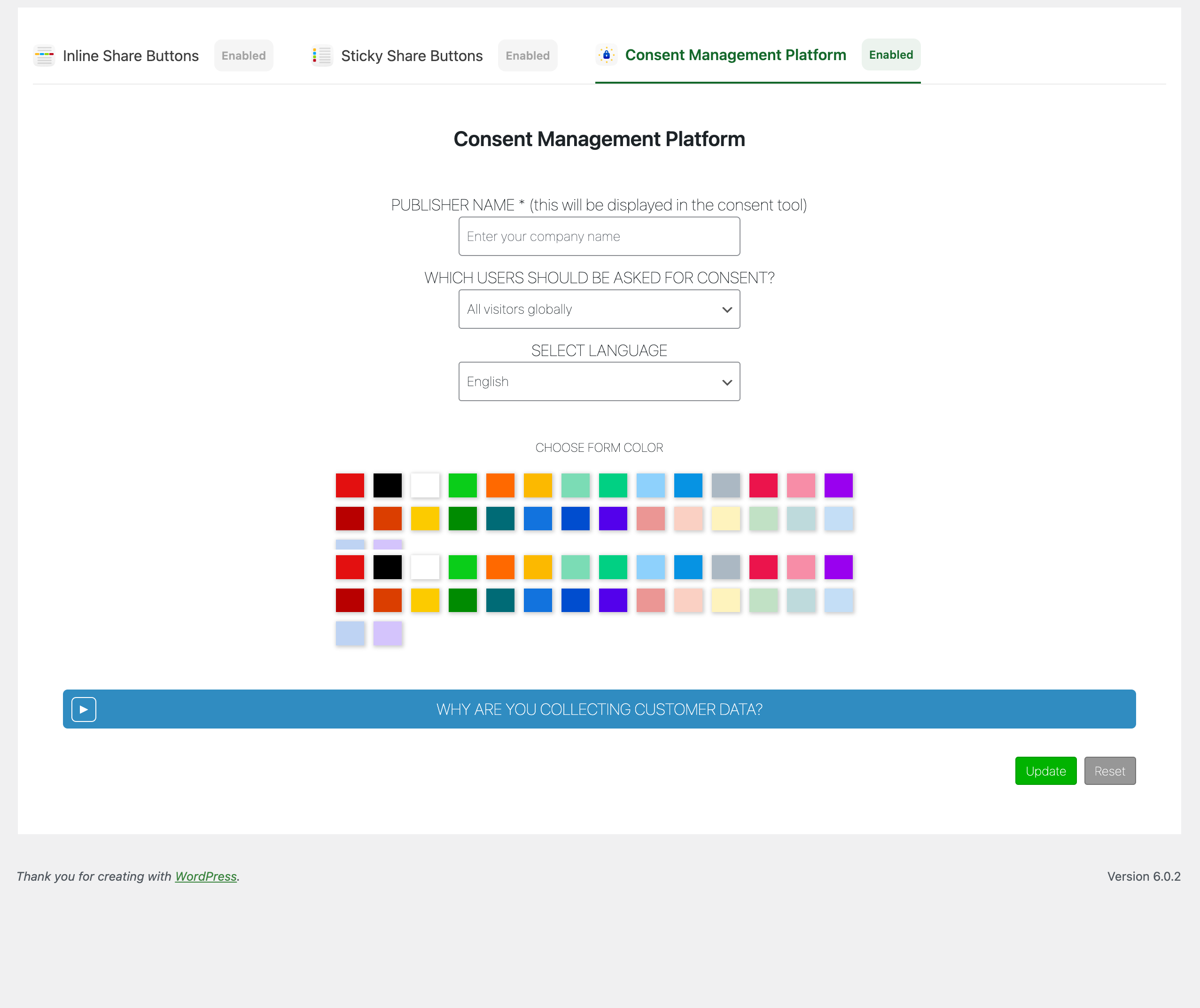 Consent management platforom settings.