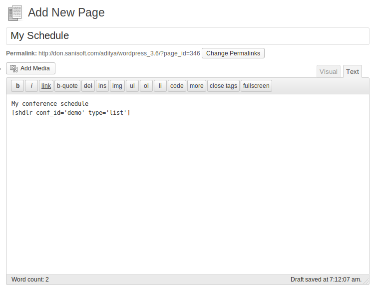 Paste shortcode in a Page or Post