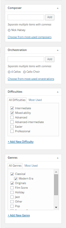 Taxonomy administration for sheet music posts (classic editor).