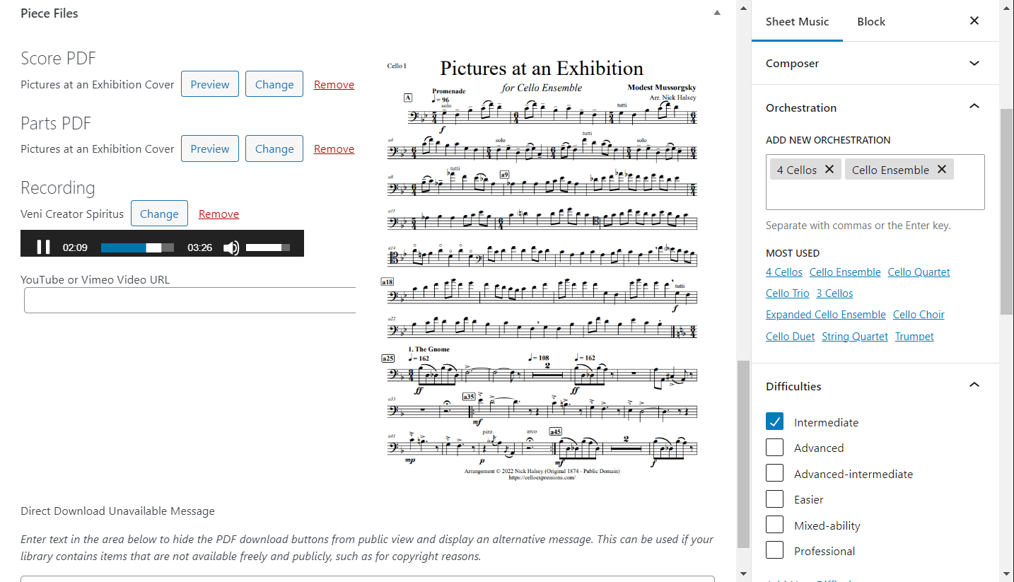 Custom field administration for sheet music posts (block editor).