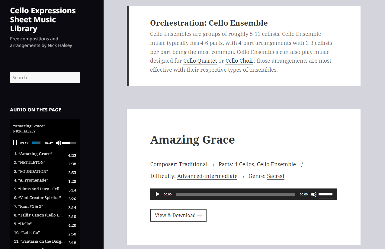 Automatic, contextual sheet music audio playlist widget on a taxonomy page (showing an "orchestration" term).