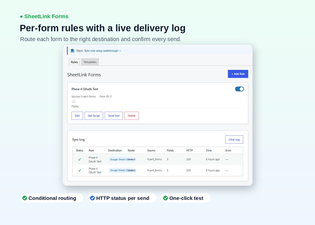 Per-form sync rules with a live delivery log showing HTTP status for every send, plus one-click test.
