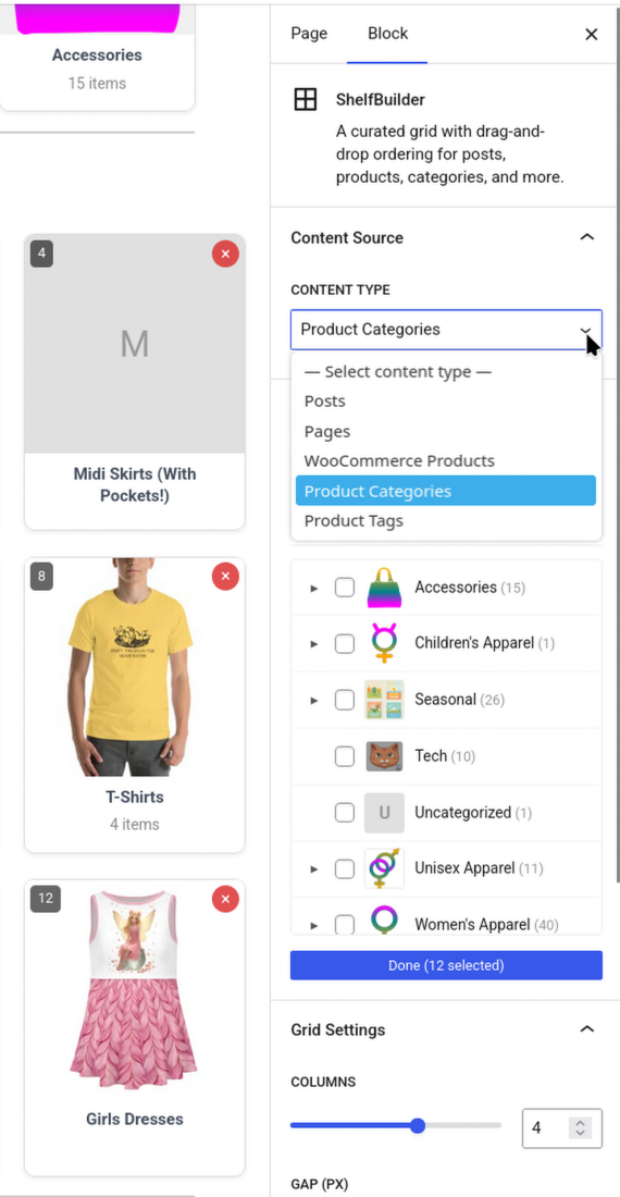 Sidebar controls for content source and item selection