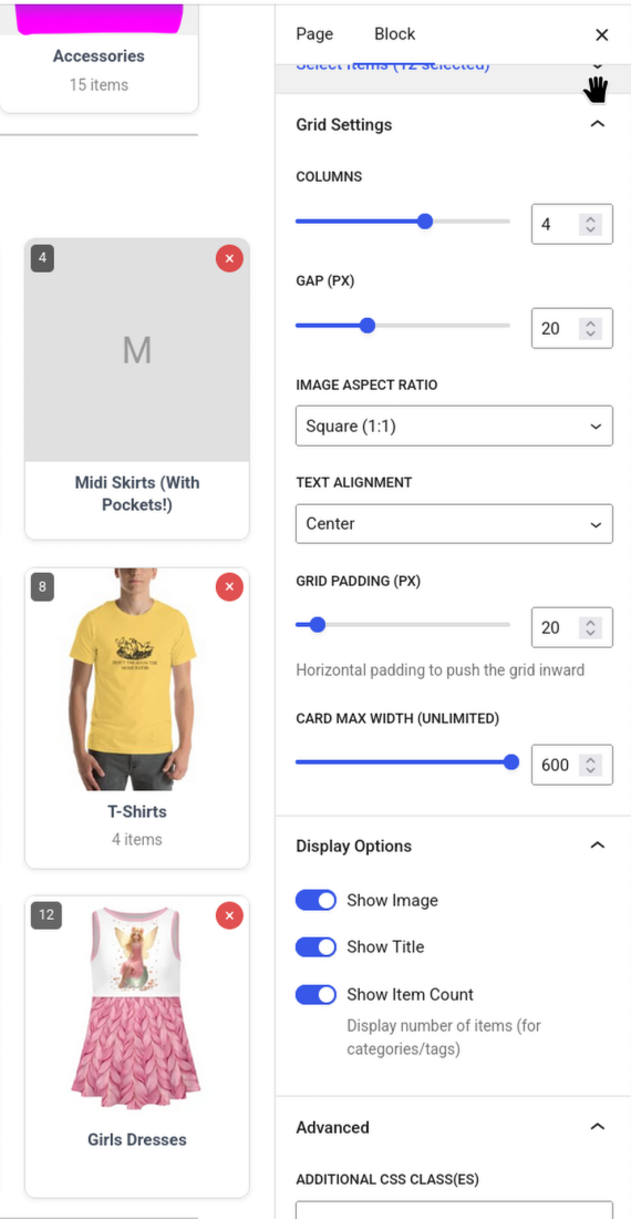 Grid settings with columns, gap, padding, and card width options