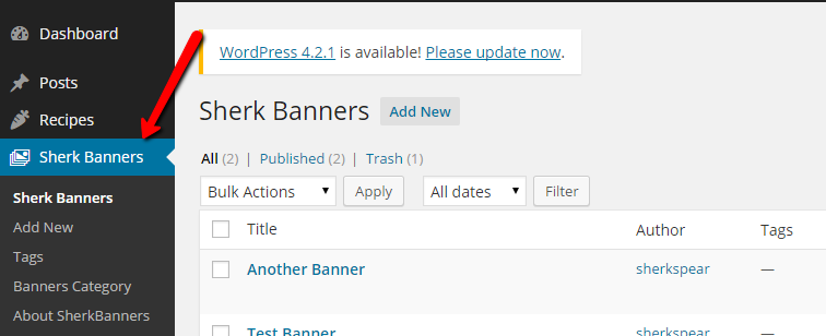 Sherk Banners  Post type at Dashboard