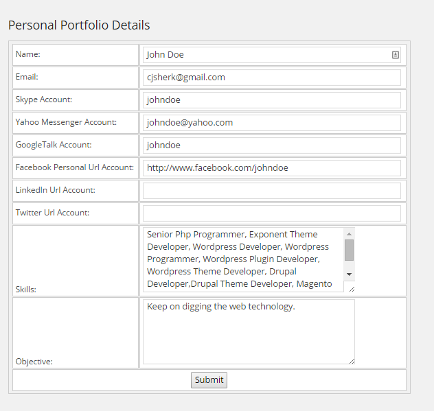 Screenshot of the form Personal Portfolio Details.