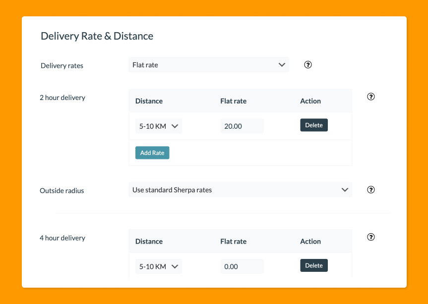 Delivery Rate & Distance: Set your pricing with the option to use Sherpa dynamically calculated rates, add a margin or specify flat rates depending on distance