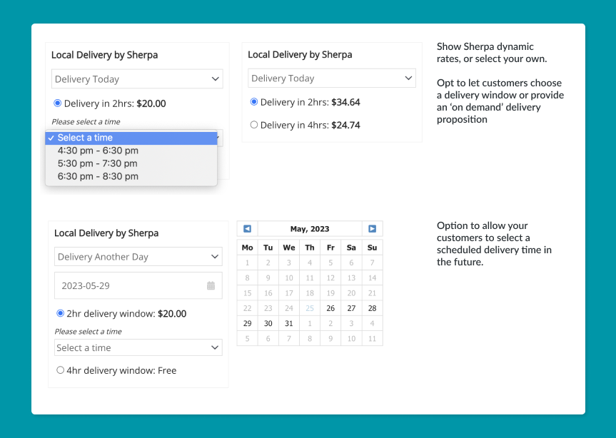 Shipping Options at Checkout: Allow customers to select a delivery time now, a delivery window of their choice or a delivery date and time in the future