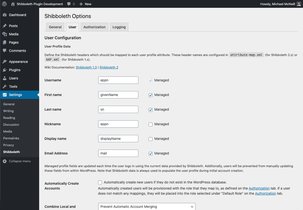 Specify which Shibboleth headers map to user profile fields