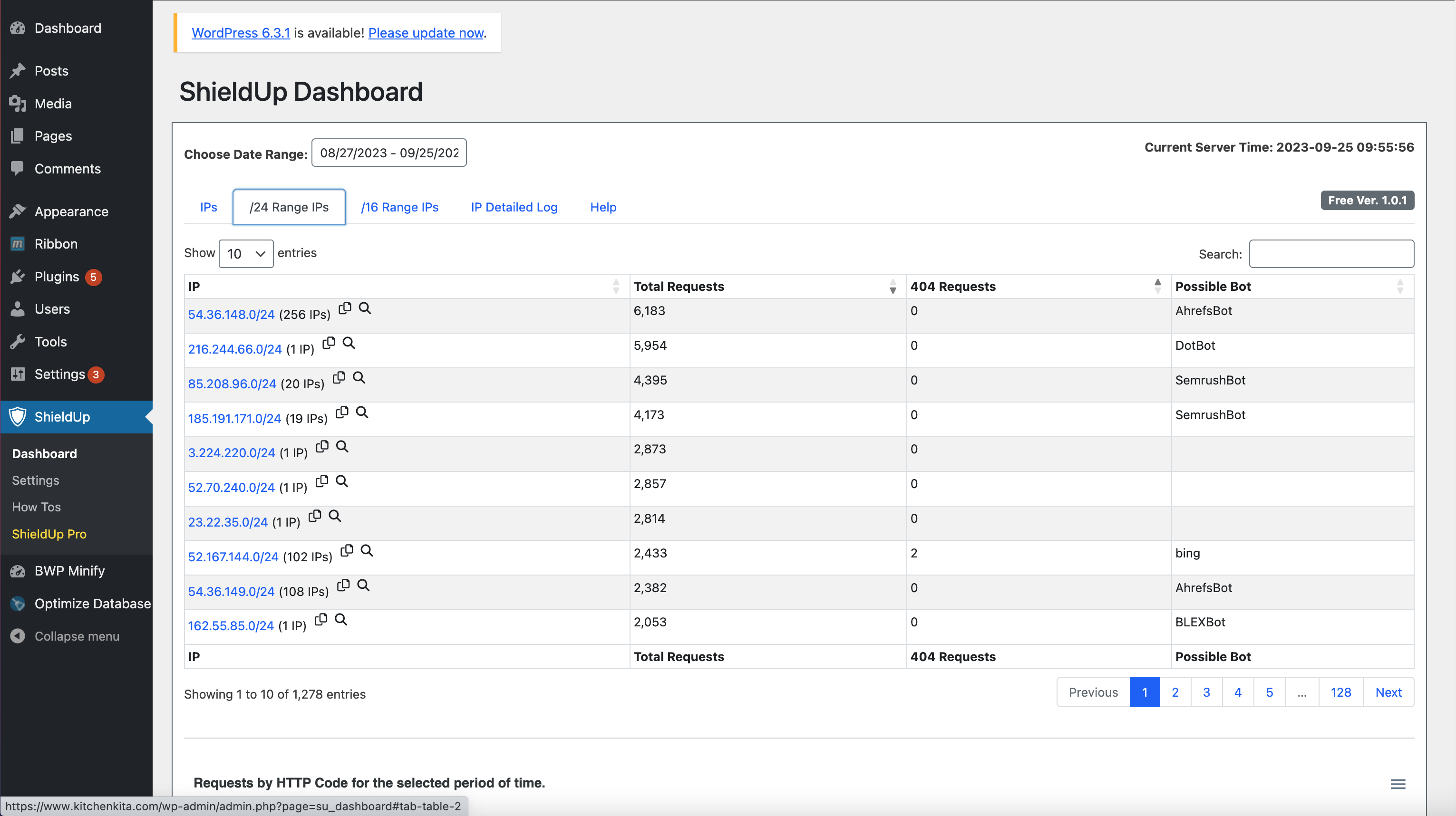Main Dashboard - Access stats of IP Ranges for selected time frame