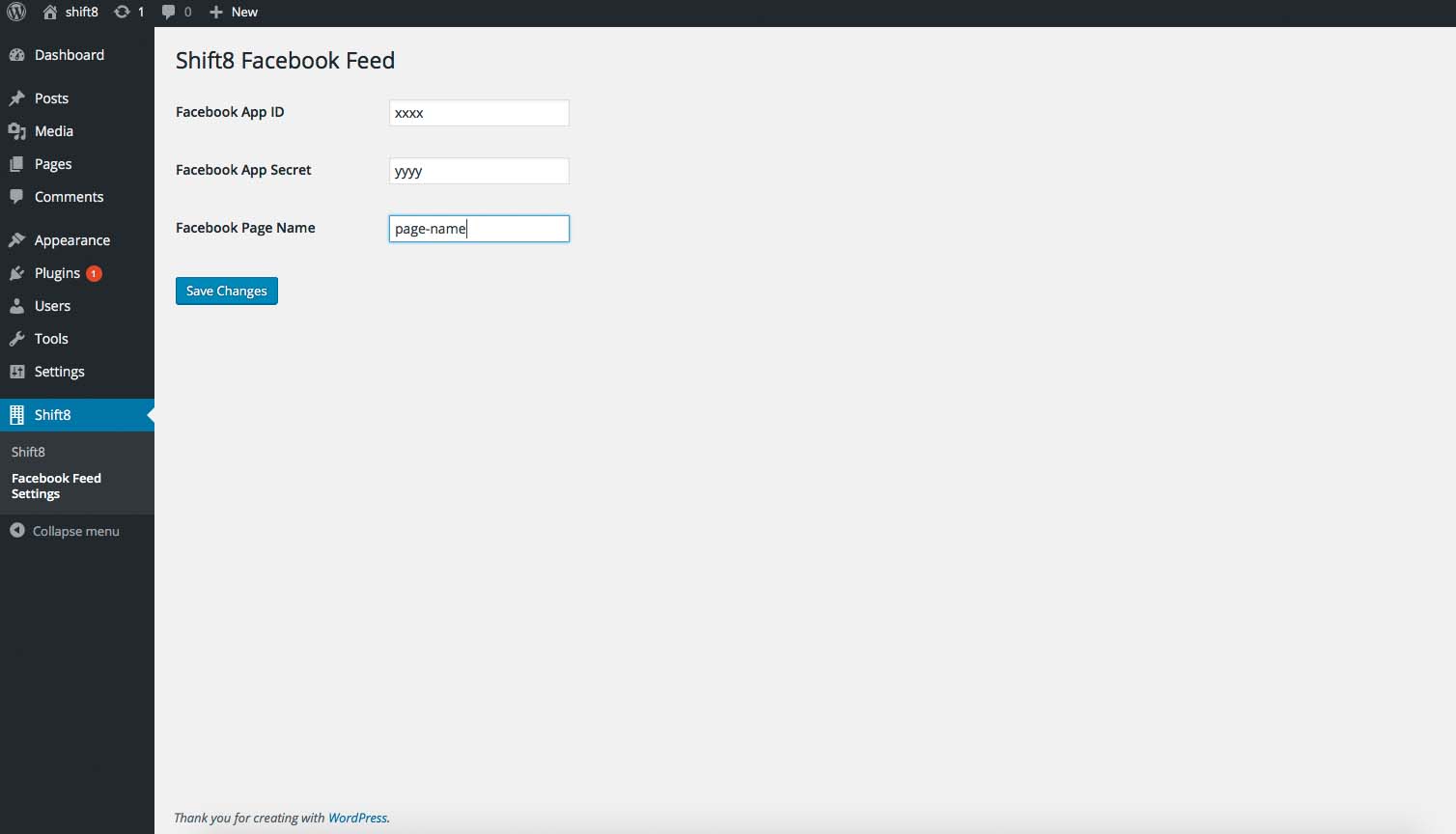 This is the options page where you define the Facebook App information and Facebook page name