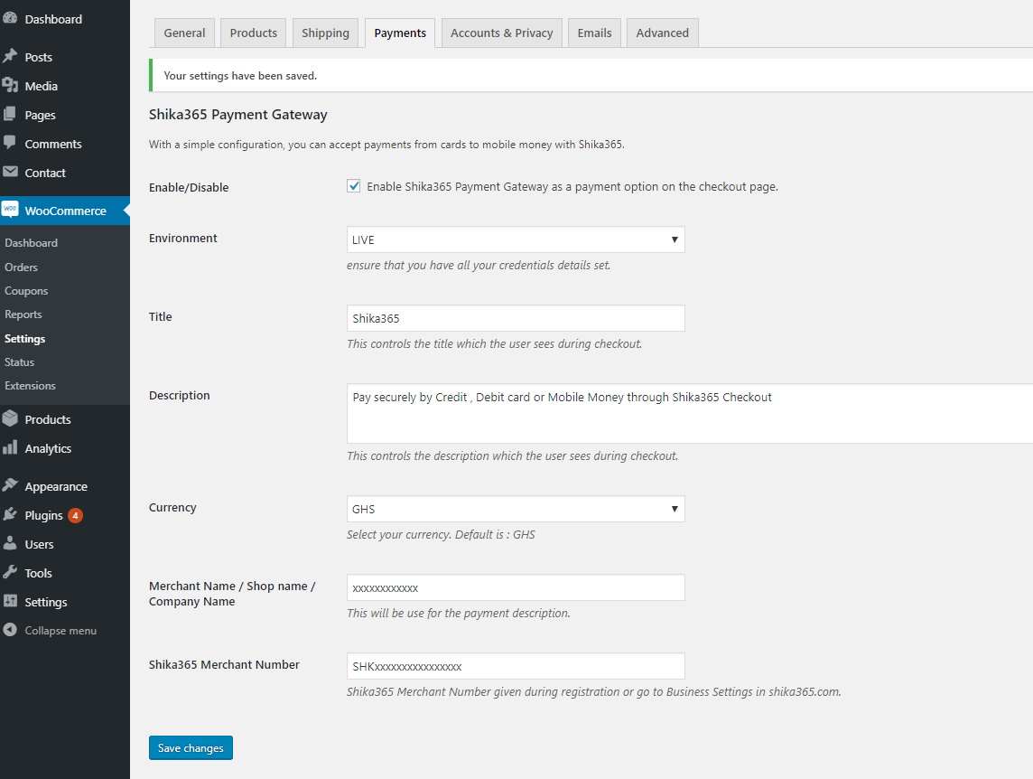 Configure Merchant Details WooCommerce->Settings->Payments.