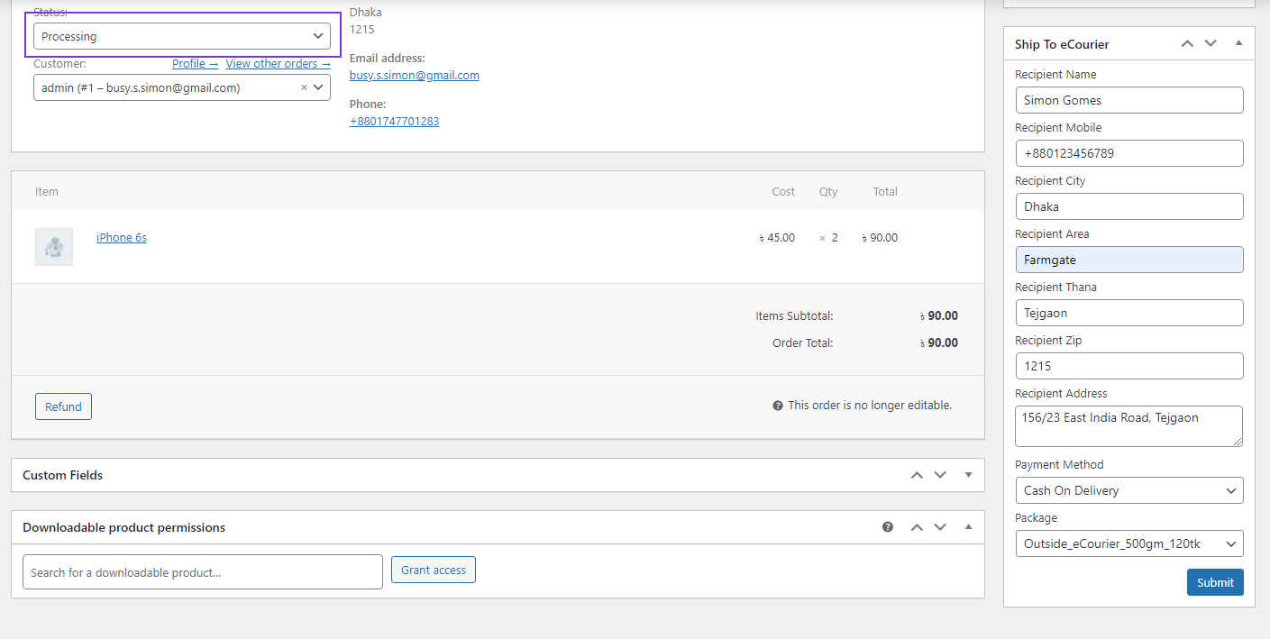 eCourier parcel booking form inside order dashboard.