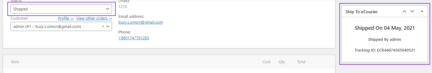 Order status update and tracking information after successful parcel booking.