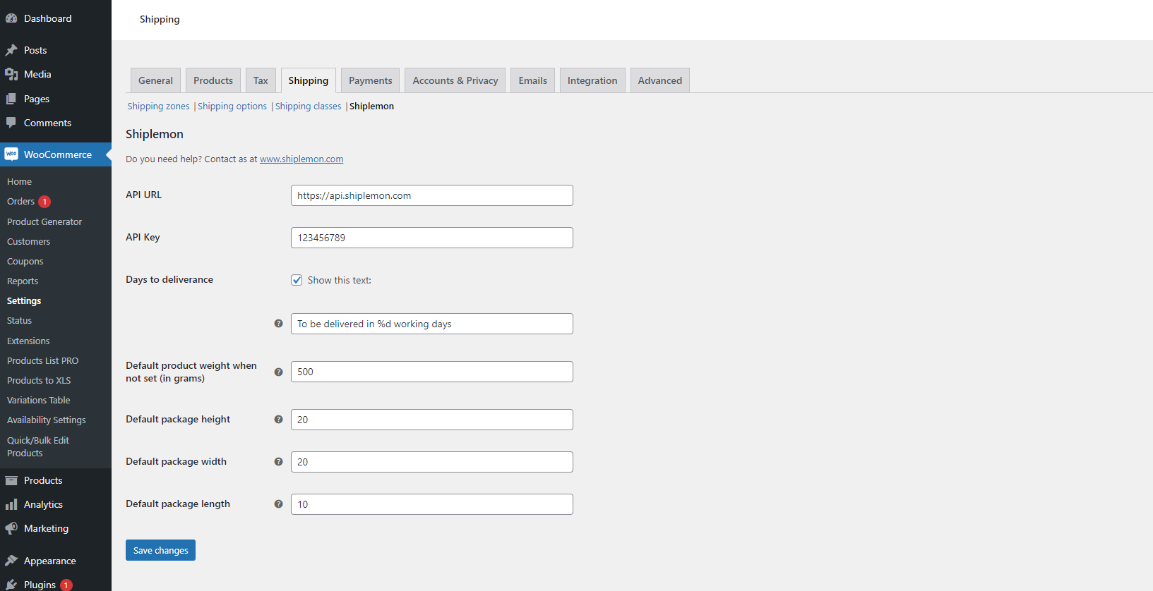 Shiplemon settings page