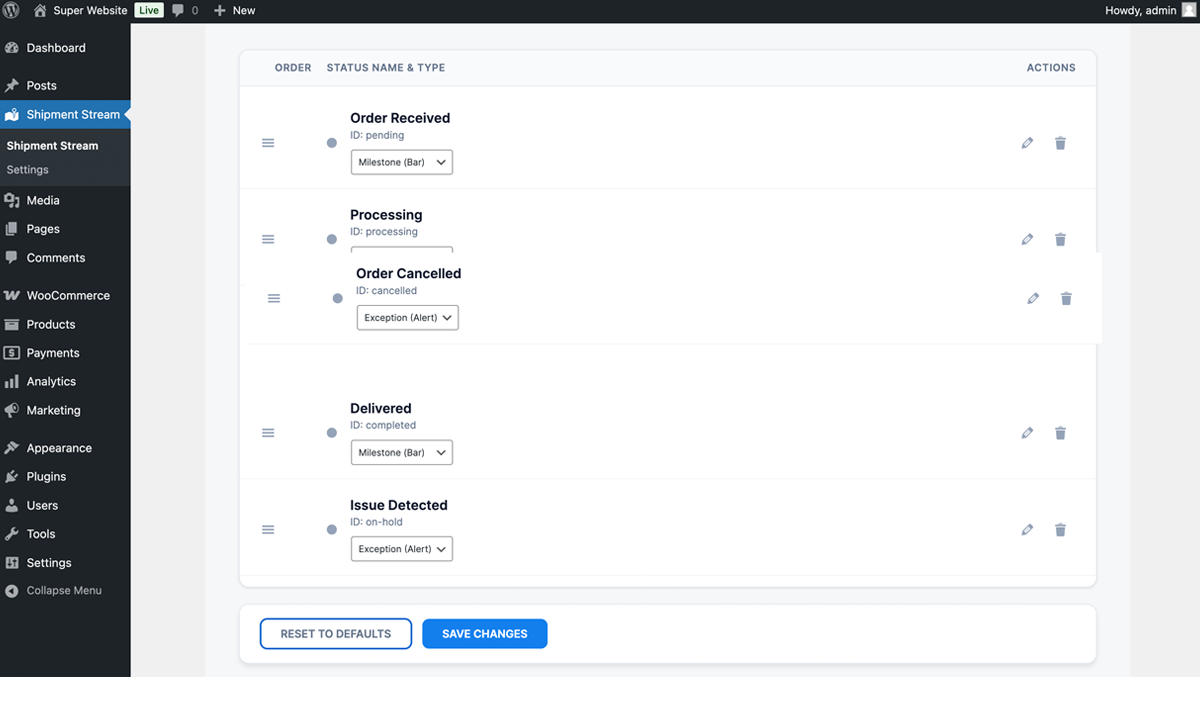 Drag and drop to reorder tracking milestones
