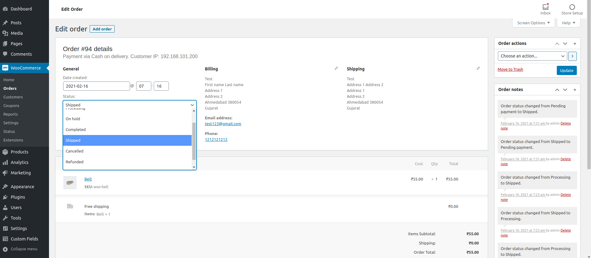 Change order status detail page