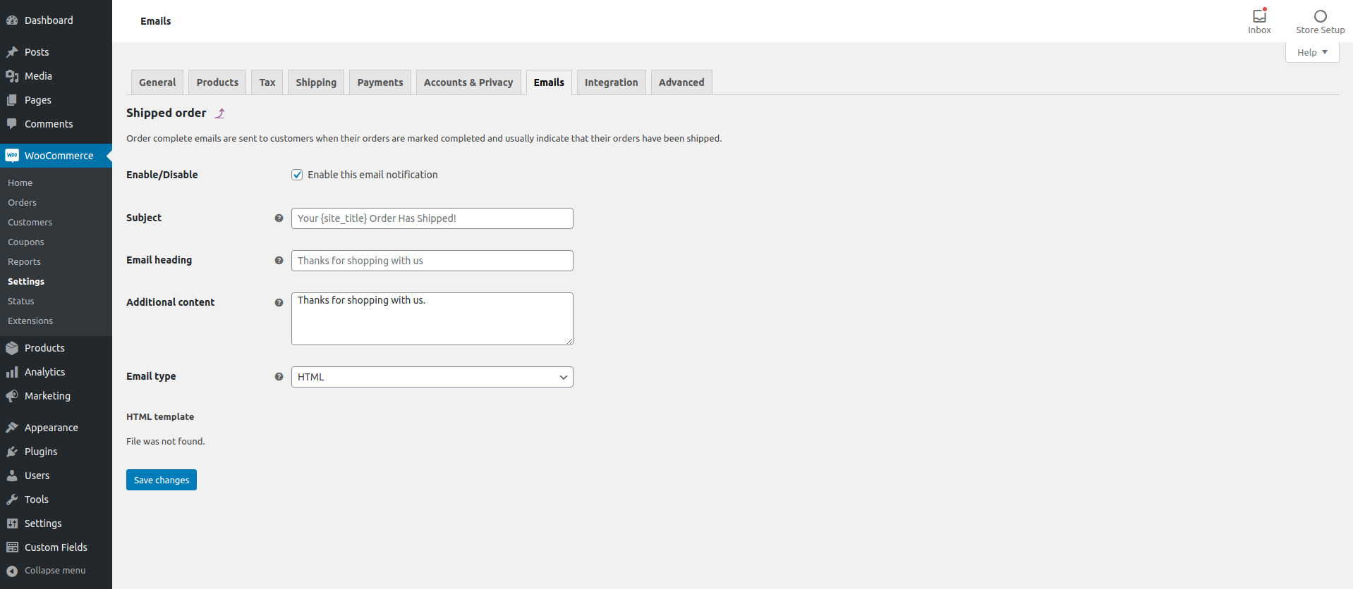 Shipped status email template