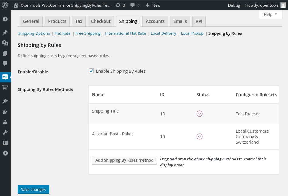 The shipping method configuration page. Here you can set up multiple shipping methods (think carriers) using the Shipping by Rules plugin. Each method can have an arbitrary number of rulesets and rules. Each method can independently offer a shipping rate.