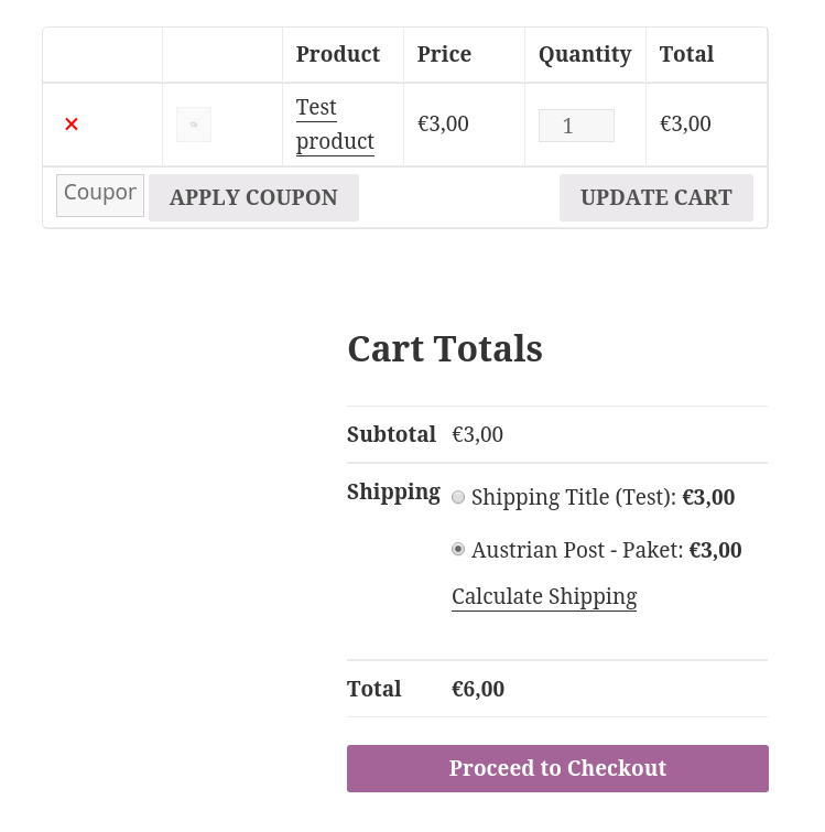 An example of two shipping methods offered in the cart. Notice that the displayed shipping name has the form "Shipping Method name (Optional Rule name)".