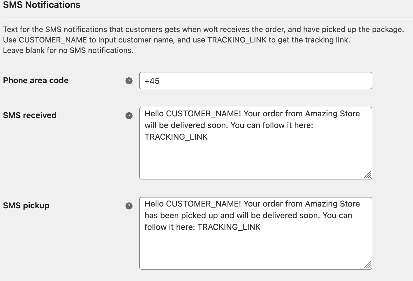 SMS notification settings