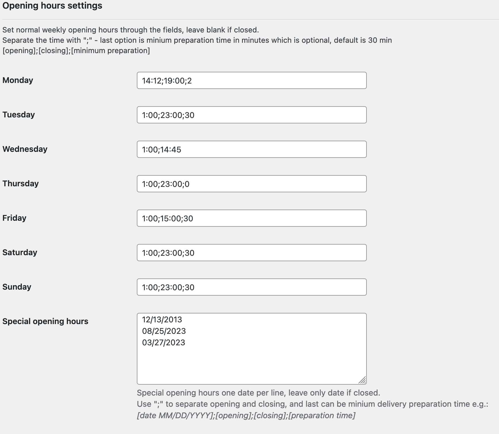 Opening hours settings