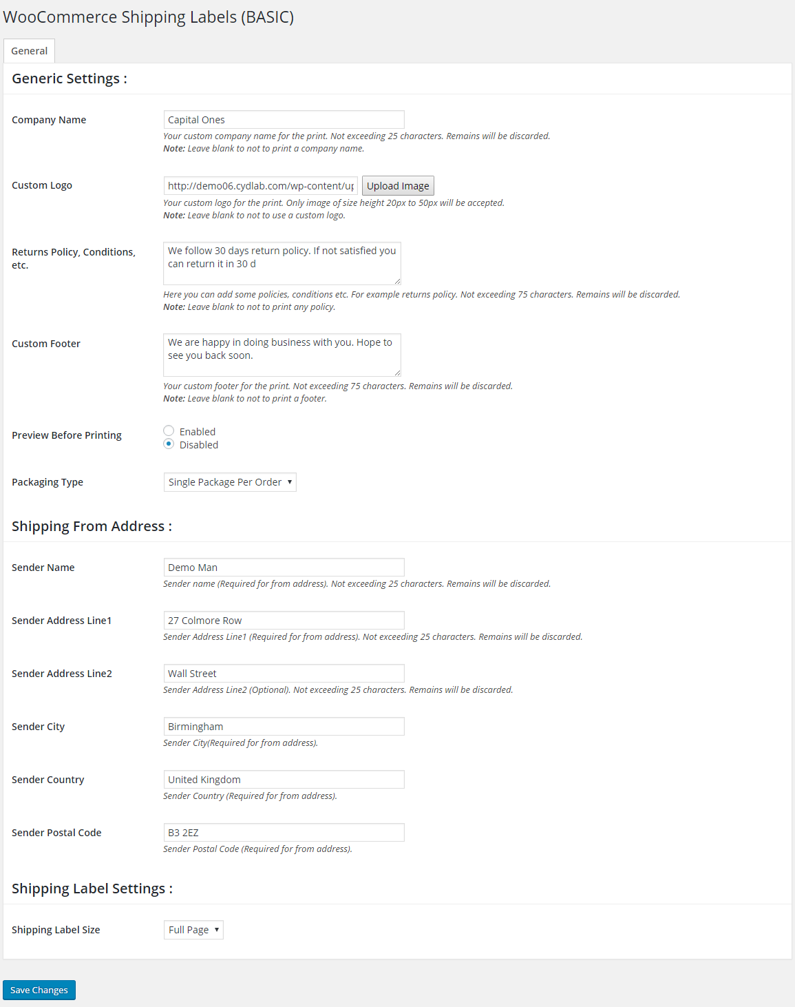 Plugin Configuration Screen