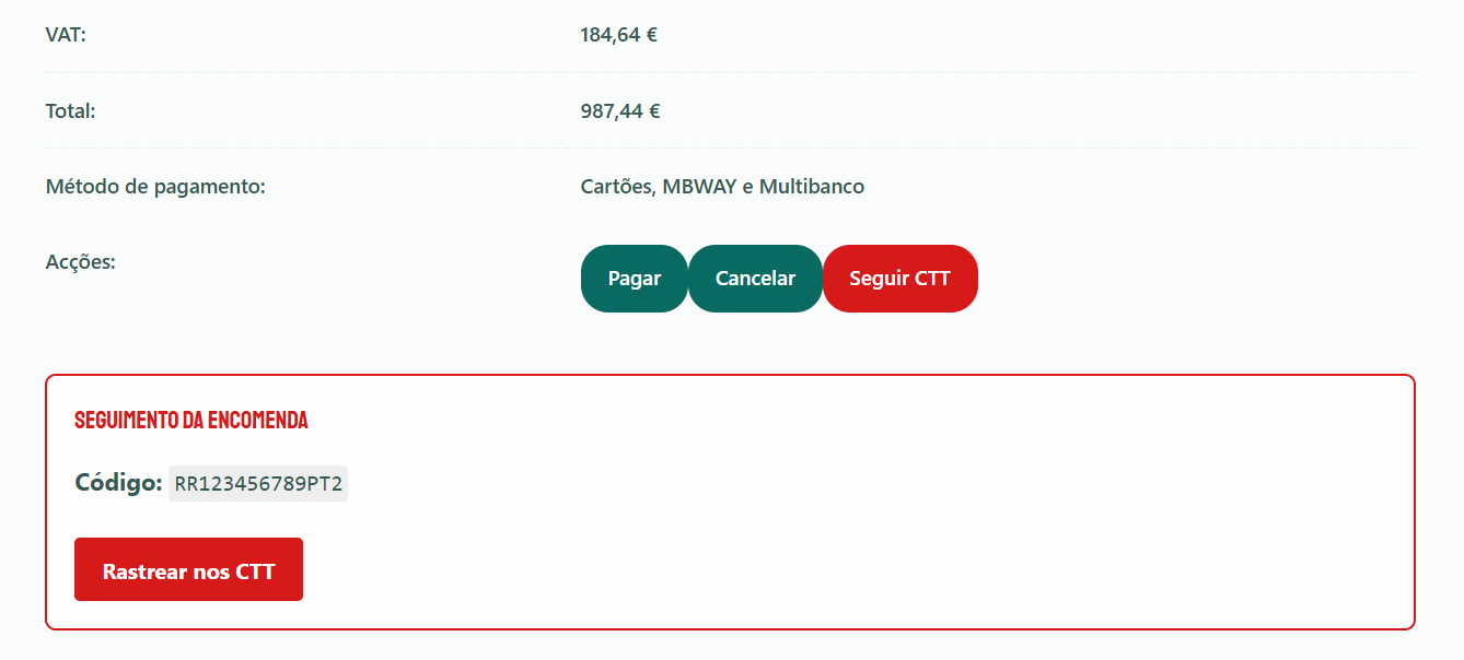 Botão Seguir e Detalhes do código de rastreio dentro do menu Encomendas no Painel de Utilizador (Cliente).