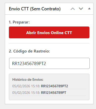 Detalhes e logs de códigos de rastreio dentro da Encomenda (Painel Admin).