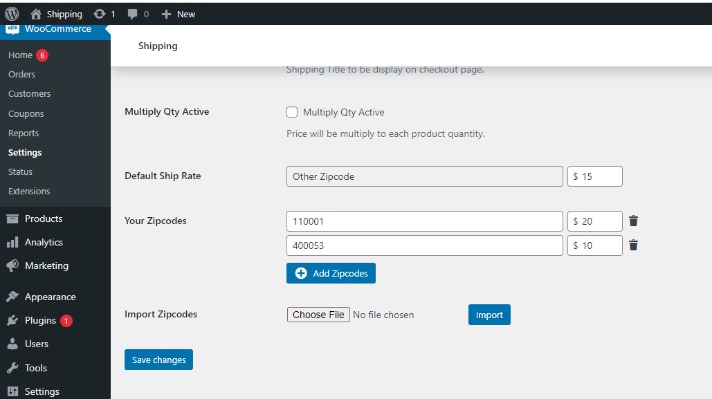 Import zipcodes file with plugin import button feature.