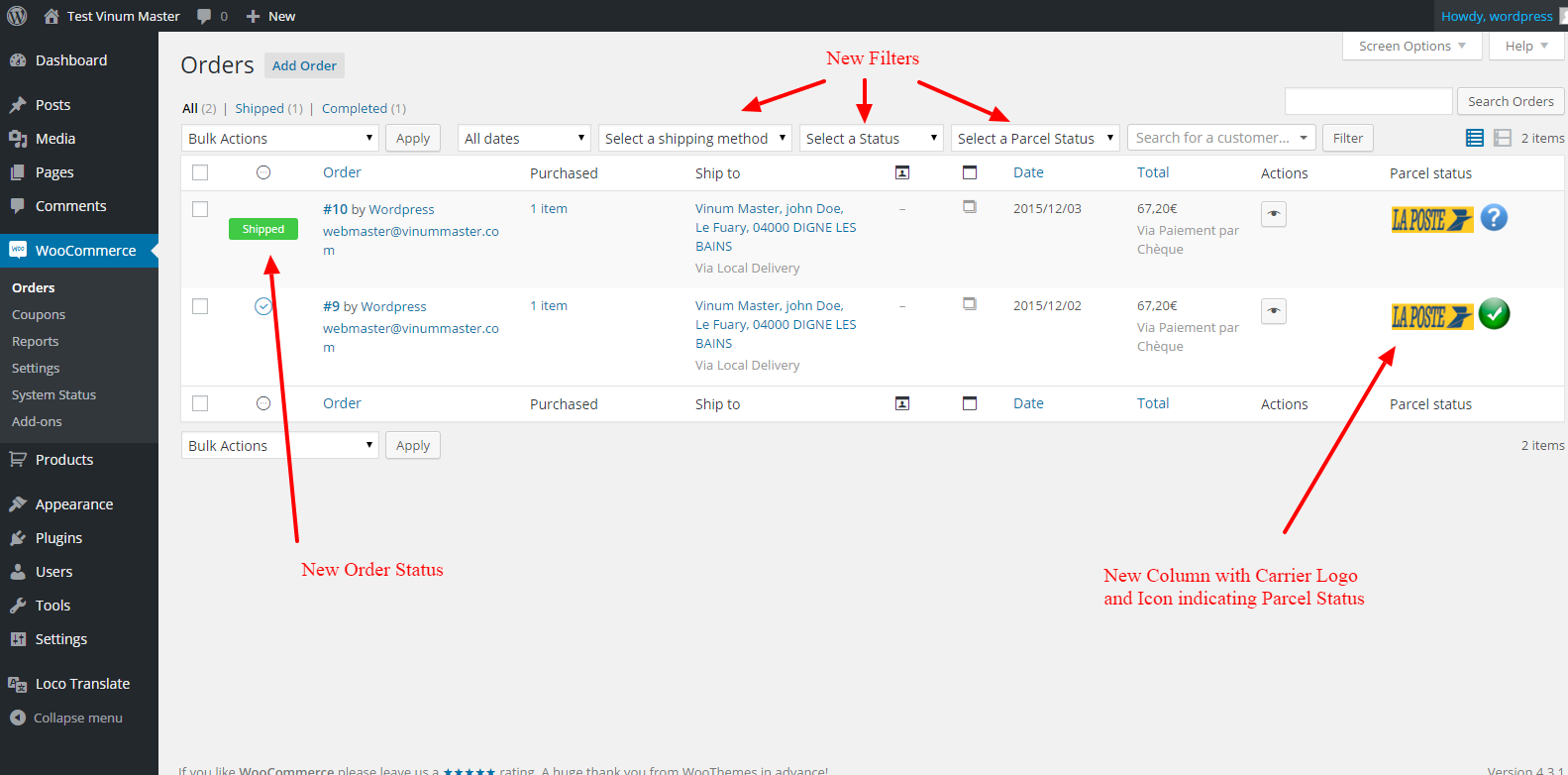 Add tracking number and carrier to WooCommerce. Orders list with new order status and new filters.