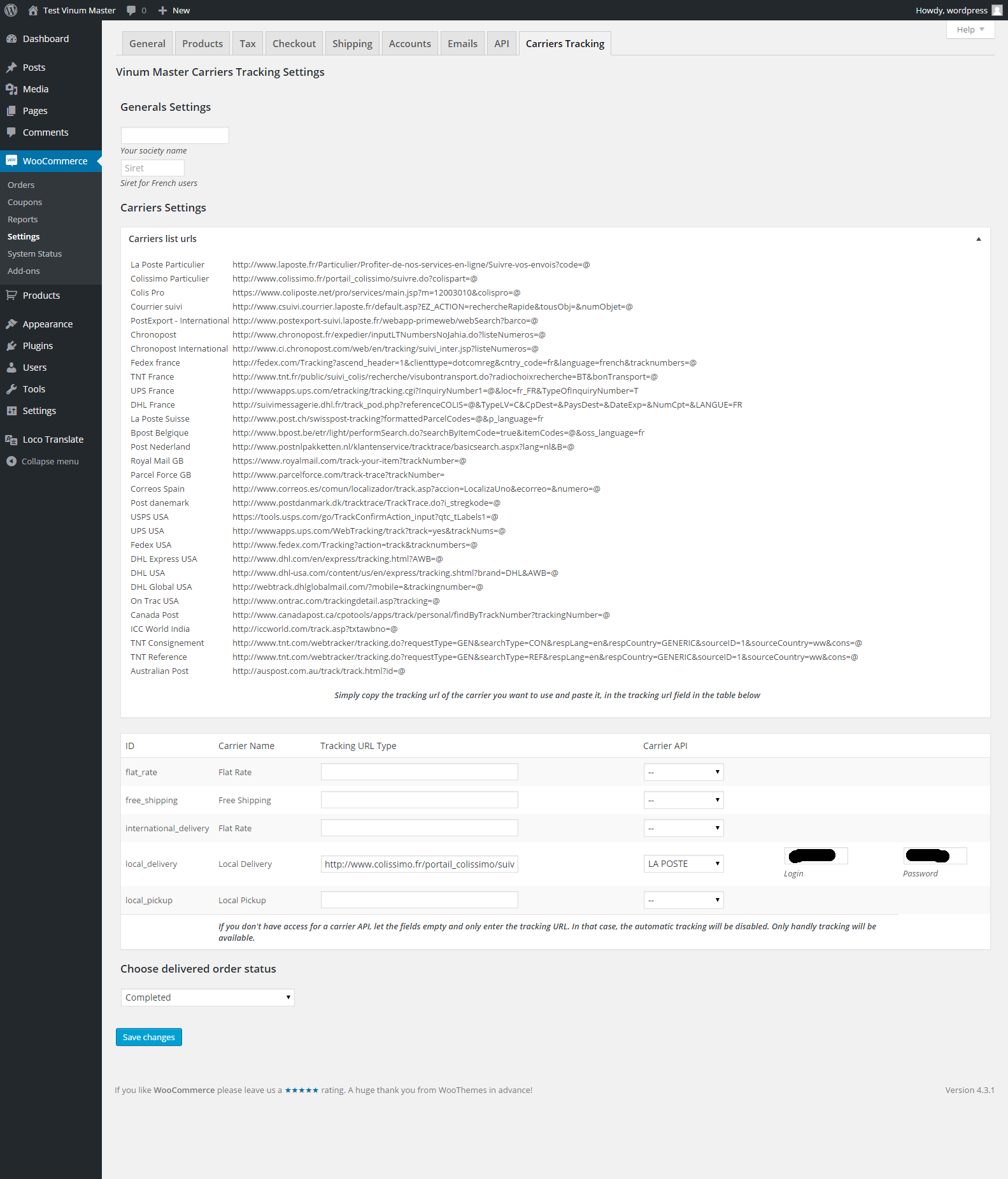 Carriers shipping settings