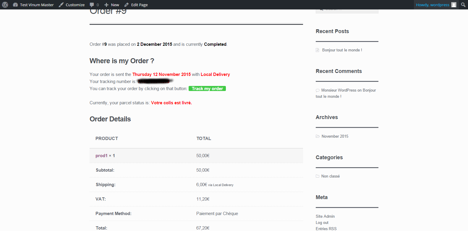 Tracking infos on customer order's history page