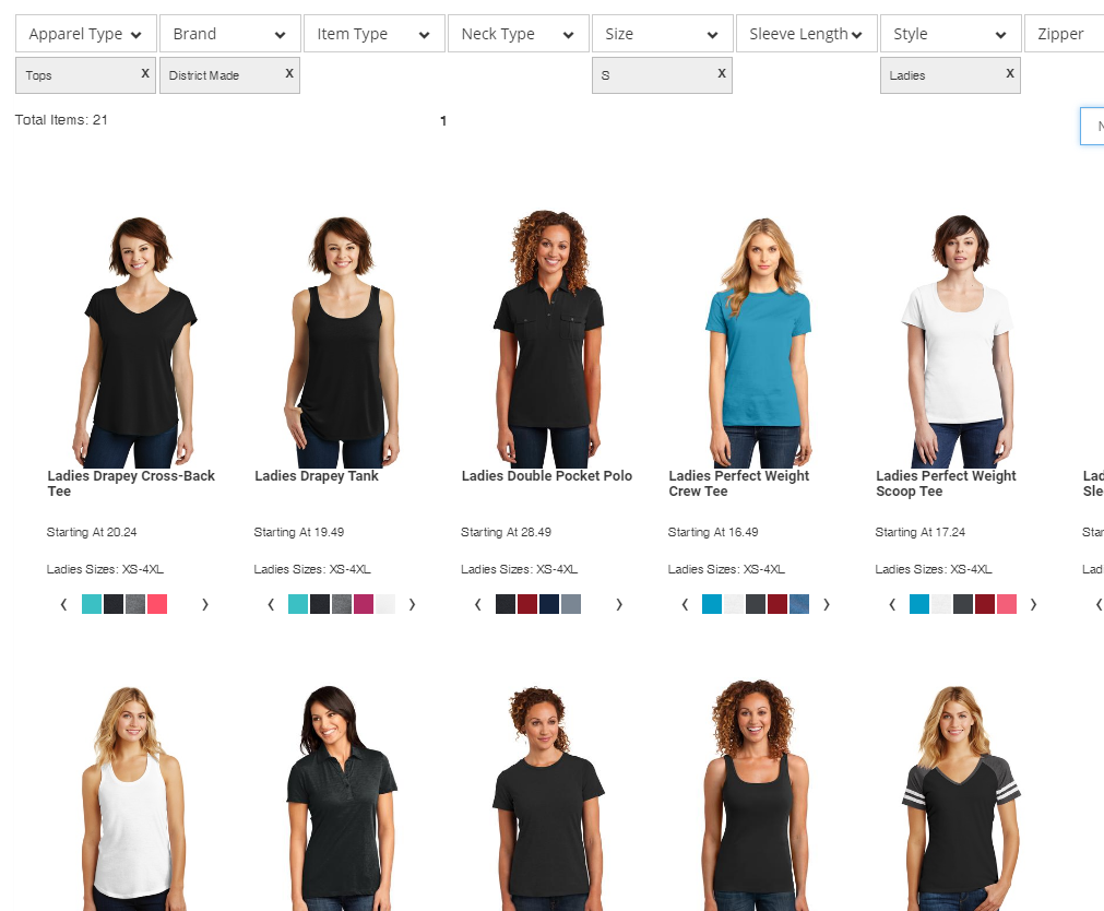 Your customers can filter the apparel choices to find the perfect shirt style.