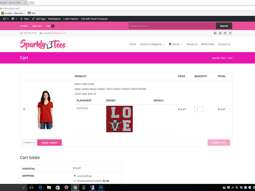 Once added to the shopping cart you will see the style selected, color, size, and each design that goes with your product.