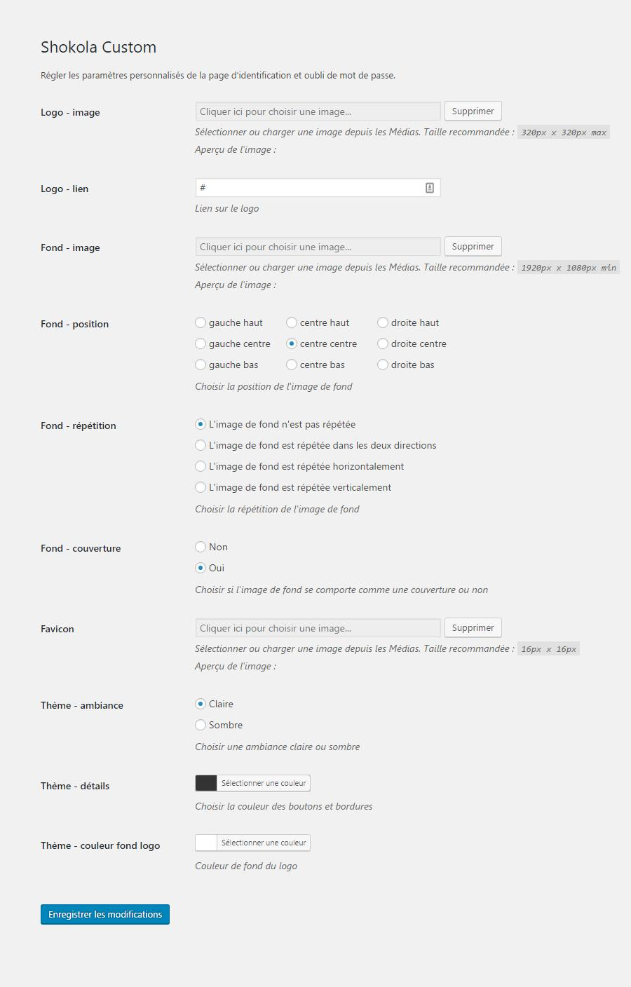 Settings page default