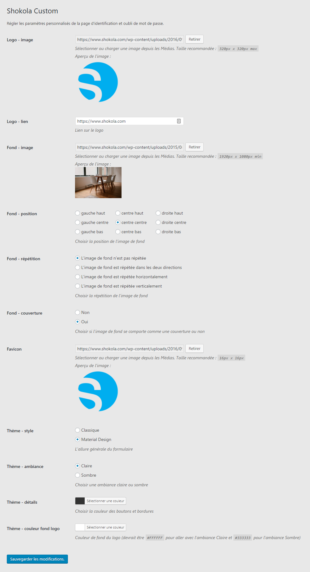 Settings page example