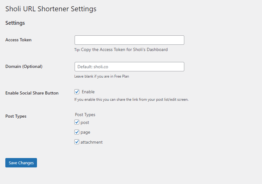 Sholi URL Shortener Settings /assets/screenshot-2.png