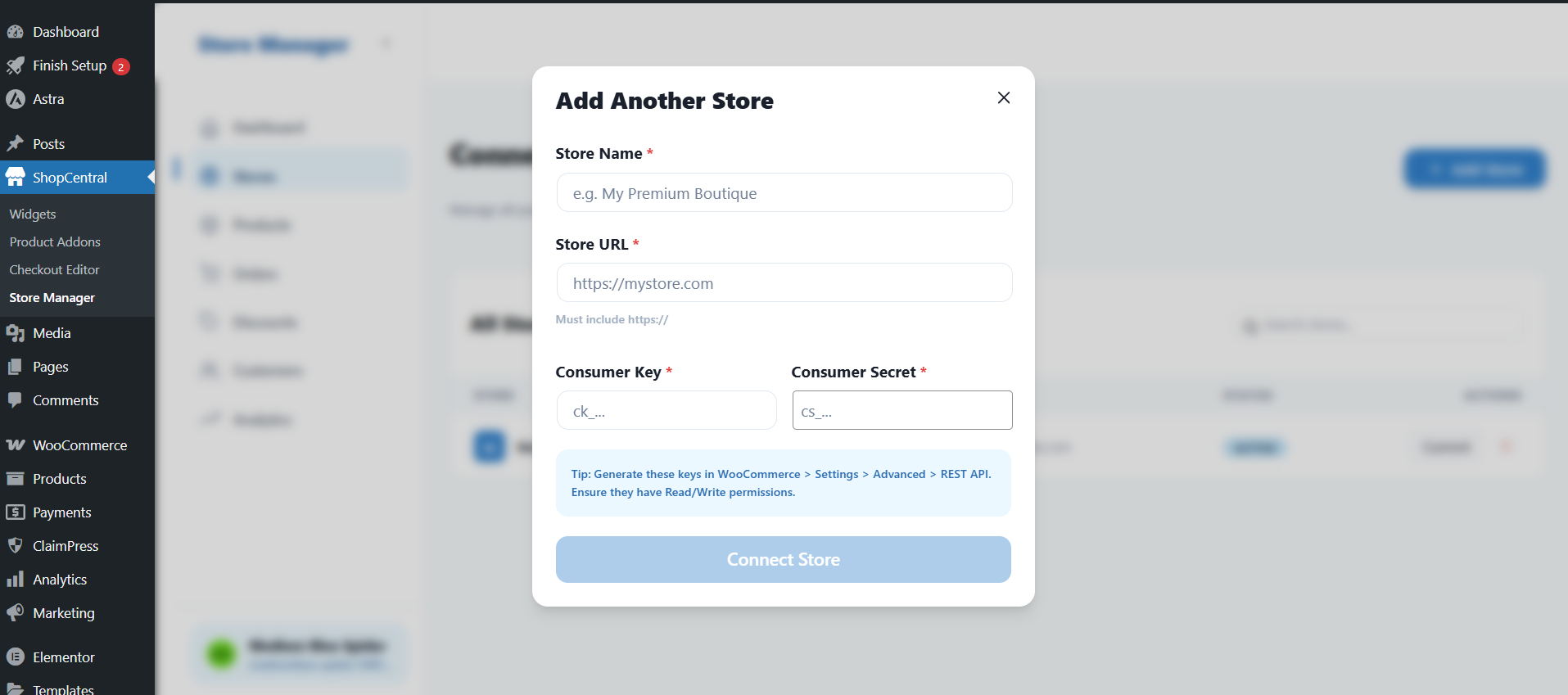 **Connect New Store** - Easily add unlimited external WooCommerce sites using secure REST API keys.
