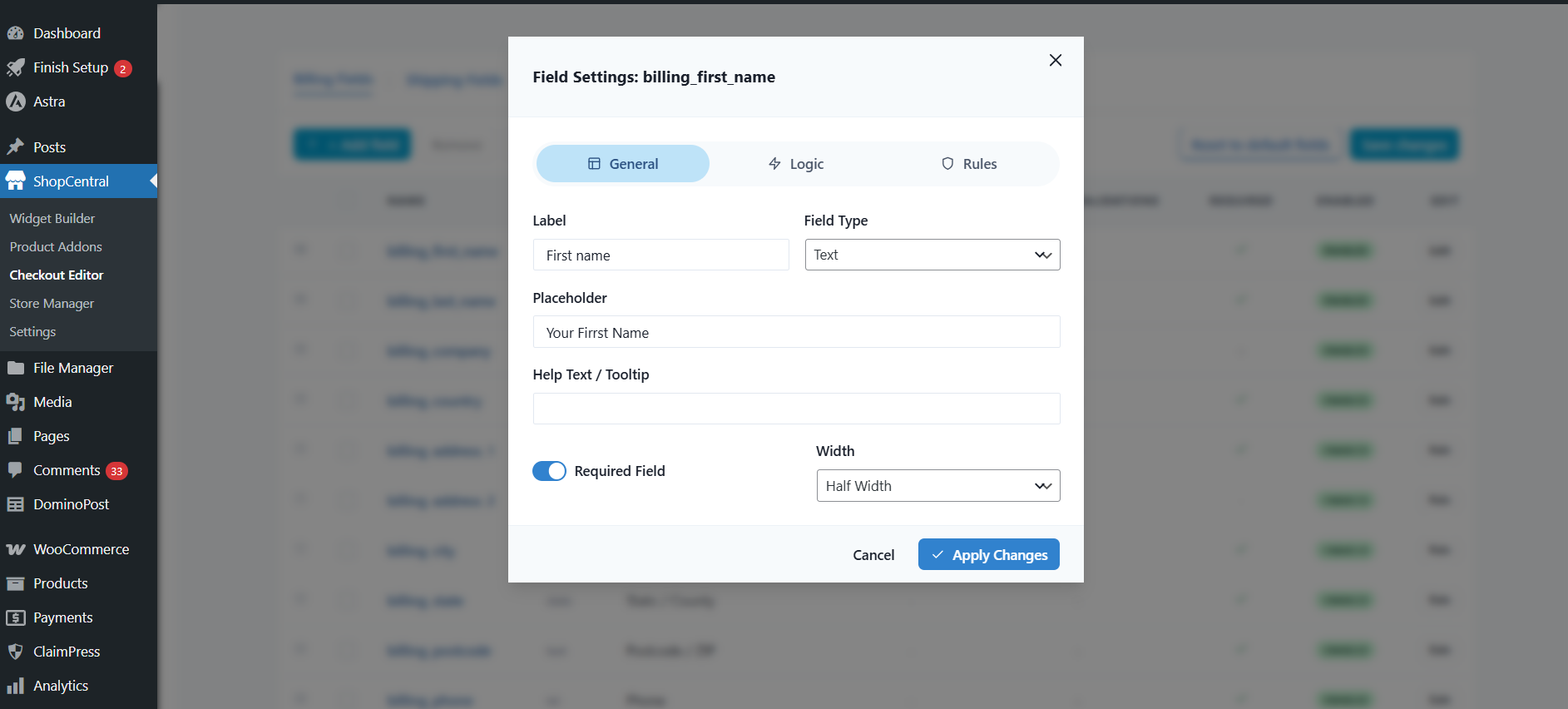 **Checkout Field Editor** - Customize your checkout page with a simple interface, conditional logic, and role-based visibility.