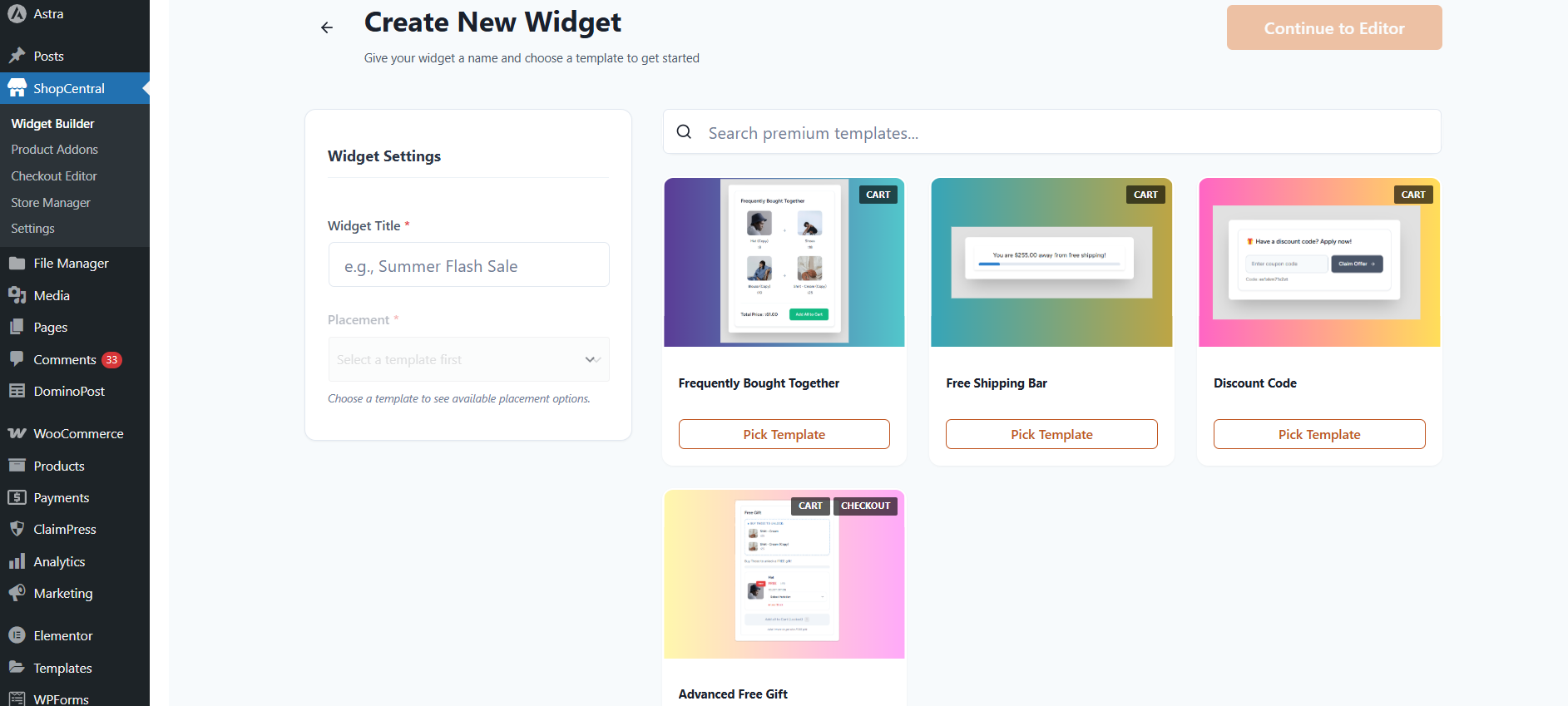 **Widget Builder** - Create and manage powerful upsell and engagement widgets to display globally.