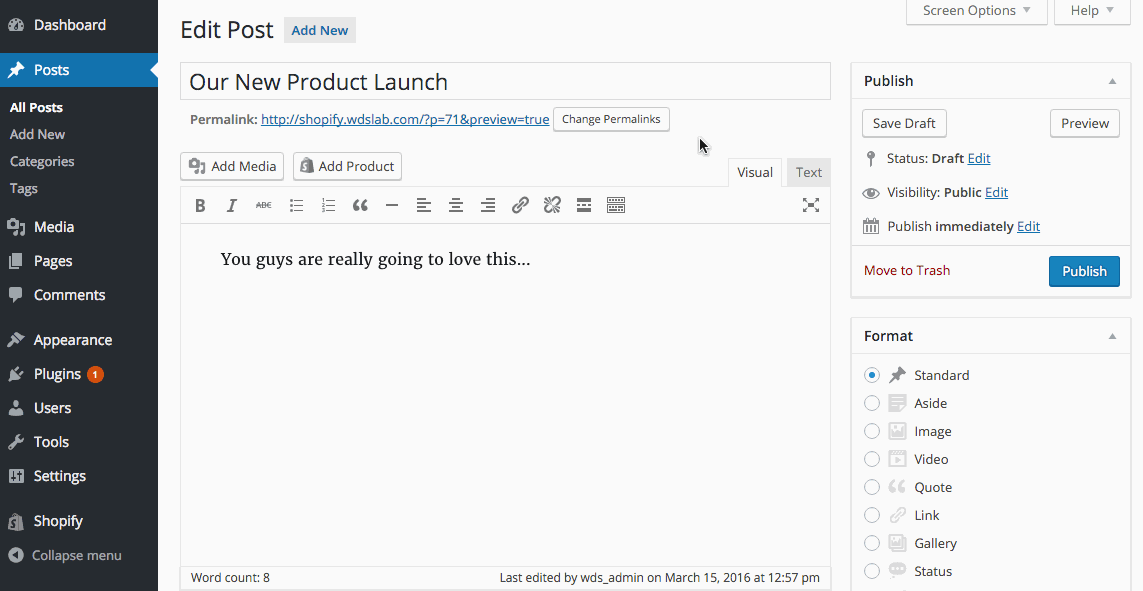 Adding a product to a post with the Add Product button.